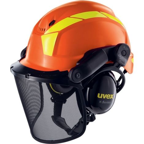 Uvex – Casque de protection Pheos Forest – Norme EN 397 – Coquilles antibruit SNR 30dB – Visière grillagée intégrée – Ajustement crémaillère