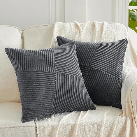 2Pcs Taie d'oreiller de canapé, velours côtelé doux, housse de coussin gris foncé, housse de coussin décorative, 45x45cm, à rayures (1/5)