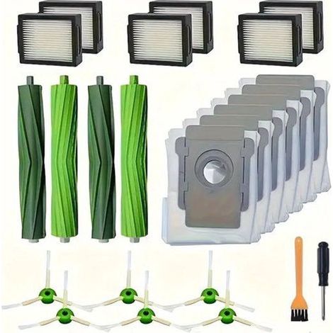 Kit d'accessoires - compatible avec iRobot Roomba I7+/I3+/I5+/I6+/J7+/J8+/E5 E6 E7 - 2 brosses en caoutchouc + 6 brosses latérales + 6 filtres + 6 sacs à poussière + 1 tournevis + 1 petite brosse jaun (1/5)
