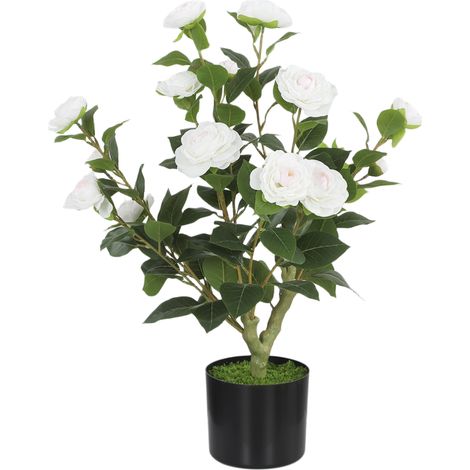 Camélia artificiel de 65 cm en pot, orné de fleurs en soie réalistes et de 116 feuilles à effet mousse blanche. (1/5)
