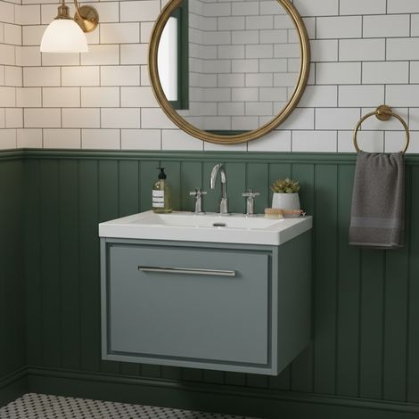 Hudson Reed Lille Wall Hung 1-Drawer Vanity Unit with 3TH Contemporary Basin 600mm Wide - Coastal Grey
