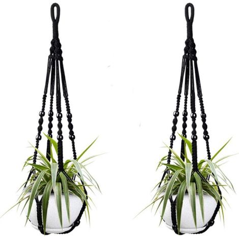 Deux paniers suspendus en corde de coton noir pour plantes d'intérieur, de 98 cm chacun, ornés de perles en bois. Crochets non inclus.