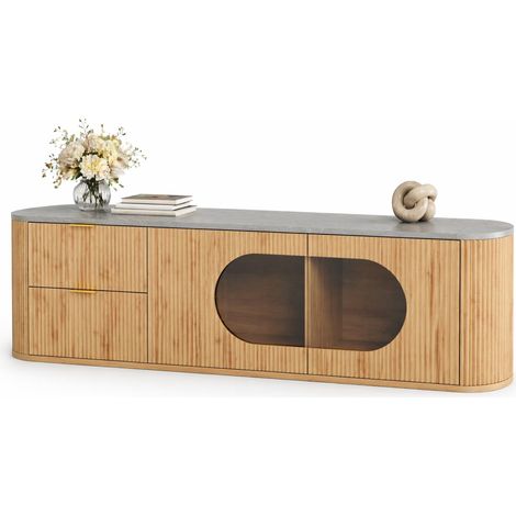 Meuble TV bois clair 172 cm avec vitrine ovale en verre gris, portes 3D verticales, tiroirs et rangements fermés pour salon moderne minimaliste  CHICFURN (1/5)