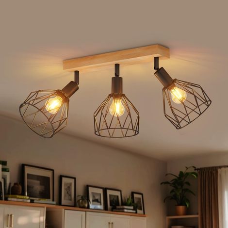 Plafonnier 3 Spots LED E14, Luminaires Intérieur Noir, Plafonnier Bois avec Base Rectangulaire, Applique Murale Chambre, Lustre Salon(Sans Ampoules) (1/5)