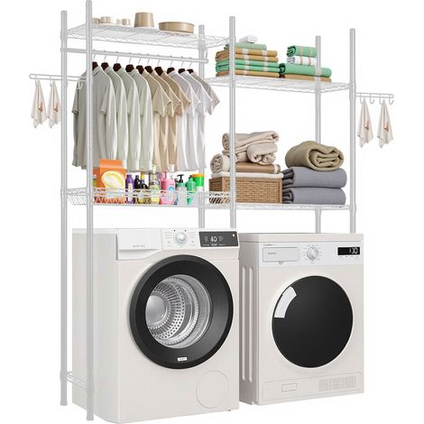 Gain de place, étagère de rangement 4 niveaux avec tringle et crochets pour lave-linge et sèche-linge (1/5)