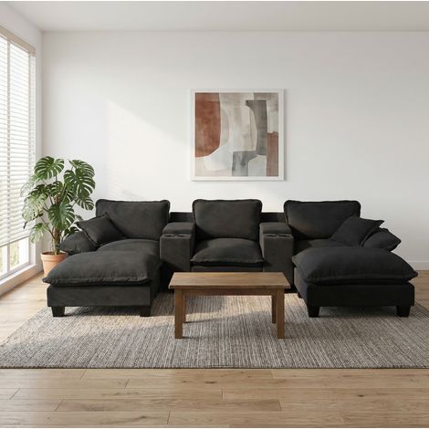 Cloud Sofa (323x155x90 cm), U Form, USB Ladeanschlüsse, Stauraum, Chenille, Schwarz (1/5)