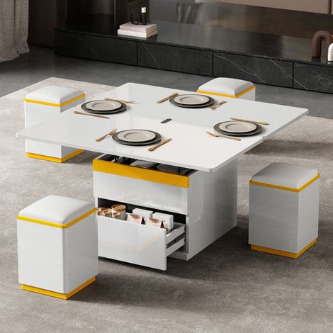 Mesa de centro 100x50x43cm elevable y plegable con almacenamiento y 4 taburetes color blanco (1/5)