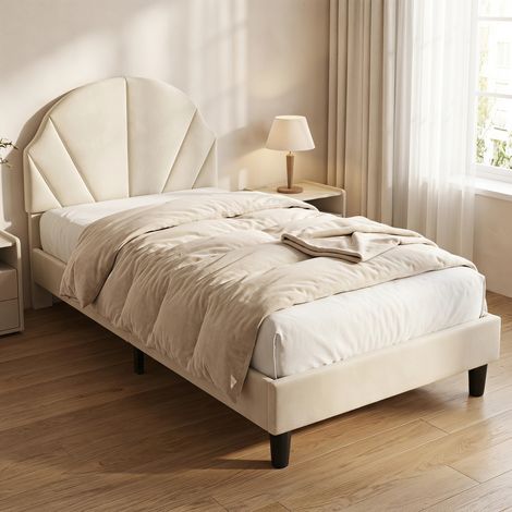 Cama individual infantil 90x190 cm con somier de láminas - cama tapizada cabecero ajustable de terciopelo diseño pétalos princesa - beige (1/5)