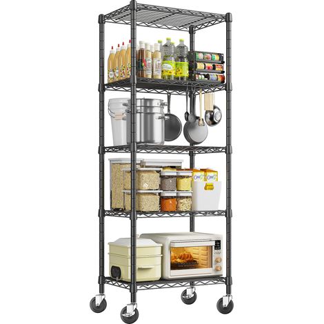 Klyvvo 55x35x150cm-Étagère Rangement 5 Niveaux avec roulettes-250kg Charge Lourde Étagère Réglable en Hauteur-Metallique Garage Étagère pour Salle de Bain-Cuisine-Chambre à Coucher-Bibliothèque-Noir (1/4)