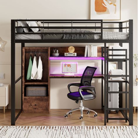 Lit mezzanine 140 x 200 cm en MDF noir avec LED, bureau et rangements pratiques (1/5)