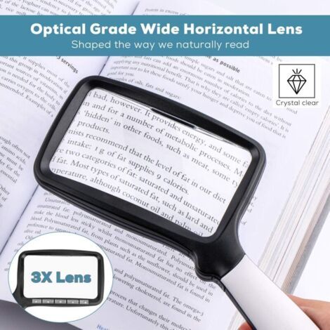Loupe pliante avec lumière (noire, grossissement 3x) adaptée aux patients atteints de dégénérescence maculaire et pour la lecture de journaux, de livres et de documents en petits caractères. (1/3)