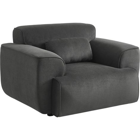 Fauteuil velours côtelé gris foncé. lignes arrondies. coussin fourni. Wallas. L 116 x P 97 x H 73cm (1/5)