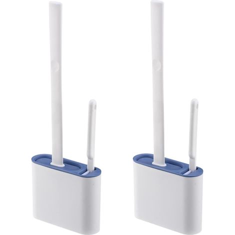 Ensemble de 2 brosses de toilette et support, brosse de toilette murale, brosse en silicone souple à long manche antidérapant, facile à nettoyer dans les coins des toilettes (bleu)-AquaForge (1/5)
