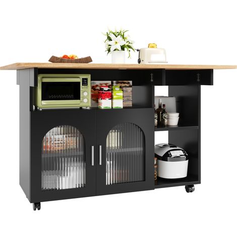Isla de cocina con ruedas 120 x 30 x 79,5 cm MDF y vidrio negro (1/5)