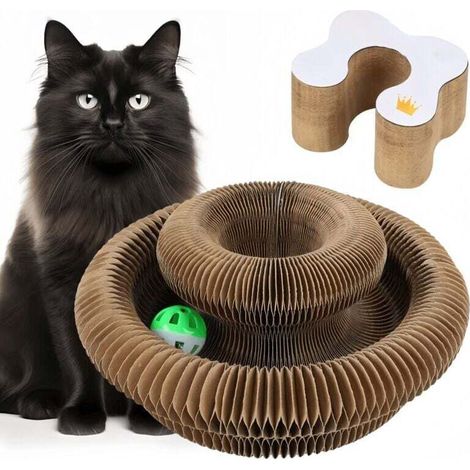Katzenkratzbaum aus Pappe – Faltbarer Kratzbaum in verschiedenen Formen, interaktives Spielzeug mit Glöckchen zum Zurückholen, fördert den Jagdinstinkt von Katzen, geeignet für Katzen jeden Alters – C
