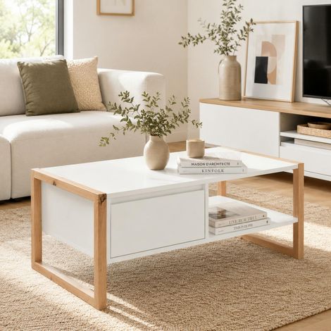 Table basse blanche 1 tiroir 1 niche ALVA (1/5)
