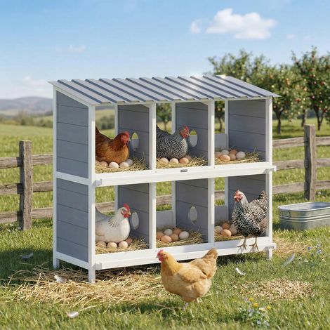 Nido para gallinas, nido elevado de madera con 6 compartimentos, 2 perchas para jaula de animales pequeños, 102 x 50 x 91 cm, gris (1/5)
