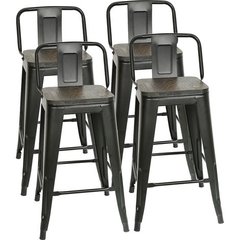 Hofuton Lot de 4 Tabourets de bar en métal noir mat et assise en bois foncé avec dossier, chaise de bar tabouret métal et bois hauteur 63.5cm parfait pour bistro cuisine (1/5)