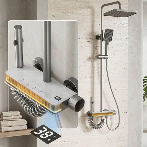 Système de douche avec robinet, douche à effet pluie, style marbre, kit complet avec pommeau de douche carré, douchette à main, bouton rotatif, hauteur réglable de 70 à 103 cm (1/5)