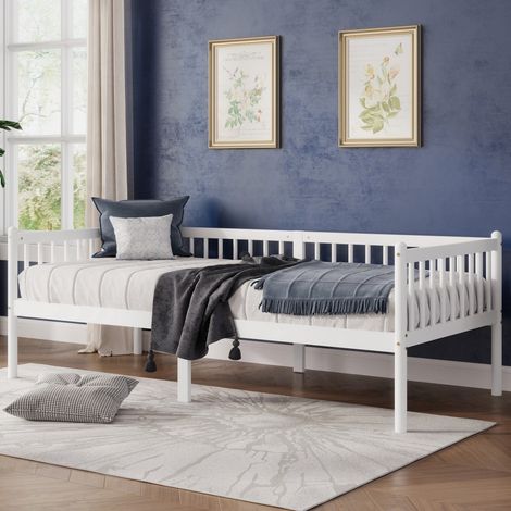 Letto 90x200 cm - Letto singolo 90x200 in legno di pino con sponde su 3 lati e 14 doghe - Letto a panca bianco (1/5)