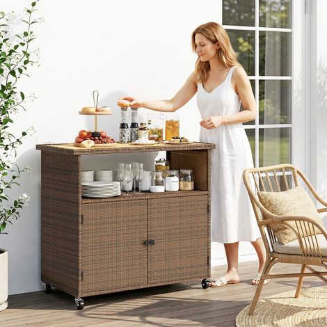 Servierwagen Rattan Küchenwagen mit FSC Eukalyptusholz-Arbeitsplatte Ablagefach Rollen Seitengriff 95 x 54 x 84 cm