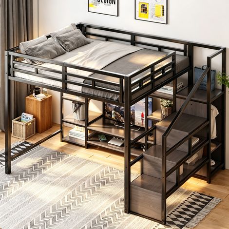 Lit mezzanine 140 x 200 cm avec meuble TV, prise et échelle de rangement, métal et MDF noir (1/5)