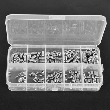 Set di 245 pezzi di viti di fermo senza testa, elementi di fissaggio con estremità concava e innesto esagonale in acciaio inox.