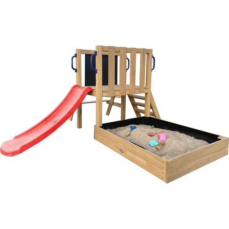 Axi Leah Aire De Jeux Mini En Bois Avec Toboggan Rouge / Extérieur, Bac À Sable, Cuisine De Jeu Et Tableau Noir