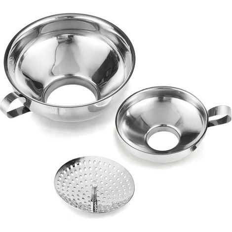 Entonnoir de mise en conserve avec passoire pour bocaux Mason larges et standard - Kit de fournitures pour mise en conserve large - Acier inoxydable - Lot de 3 (petit et grand) (1/4)
