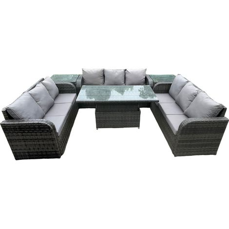 Fimous Patio Garten Dining Set Rattan Möbel Lounge Sofa Höhenverstellbarer steigender Hubtisch mit 2 Beistelltischen Dunkelgrau gemischt (1/5)