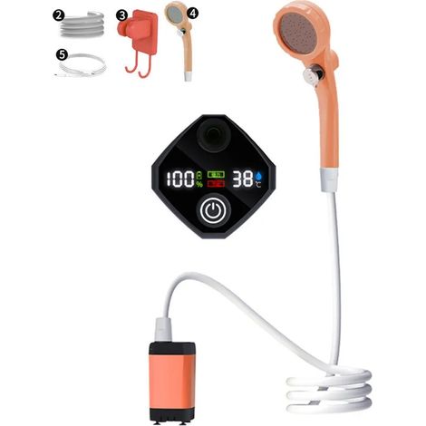 Pompe de douche électrique portable rechargeable (Orange 6000 mAh) pour camping en extérieur avec affichage numérique intelligent (1/4)