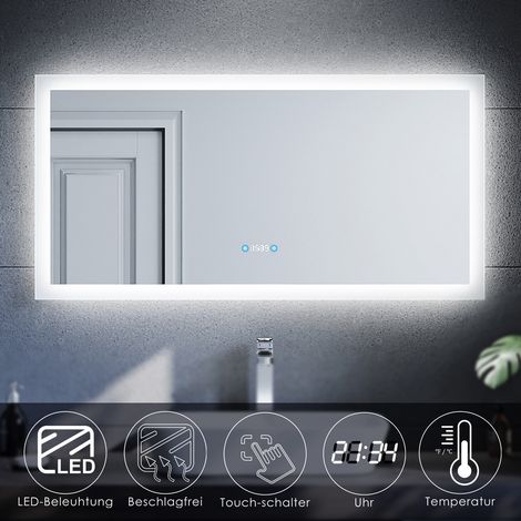 SONNI Badspiegel LED Beleuchtung Badezimmerspiegel mit led Wandspiegel,120x60cm,Touch,Uhr,Beschlagfrei,Temperaturanzeige,Gedächtnisfunktion (1/5)