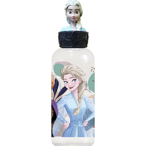 Borraccia Originale Disney Frozen 3D in plastica per bambini con coperchio decorato e personaggi dei cartoni animati.