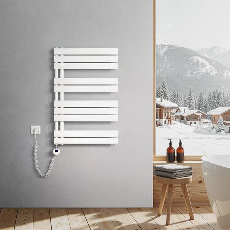 Heilmetz Sèche-Serviettes Electrique, radiateur sèche-Serviettes Plat avec Timing Elément de Electrique, raccordement latéral, Blanc, 899x600mm, 400W