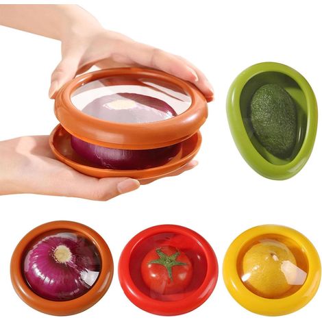 Lot de 4 boîtes de conservation pour fruits et légumes (avocat, oignons, tomates et citron), réutilisables, pour garder les aliments frais au réfrigérateur.