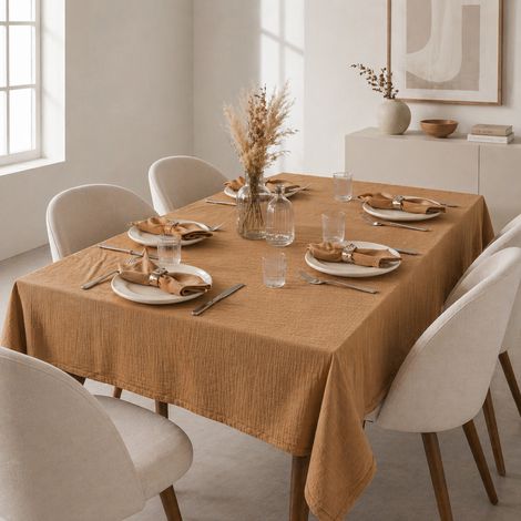 Nappe rectangle 150 x 250 cm + 6 serviettes de table – Double gaze de coton GAÏA Camel