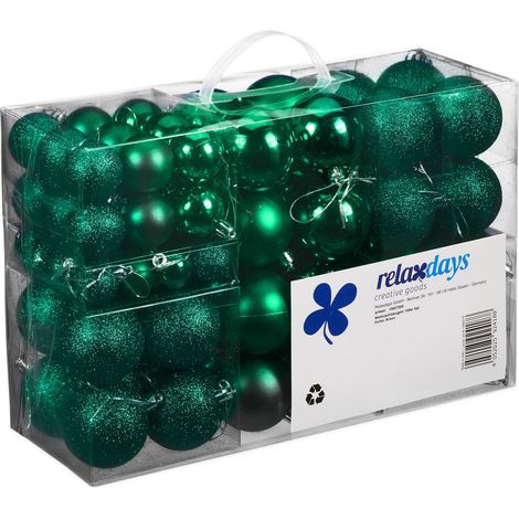 Relaxdays Palline di Natale, Set da 100, Addobbi Natalizi, Opache, Lucide, Glitterate, ∅ 3,4 e 6 cm, Deco, Verde Scuro (1/5)