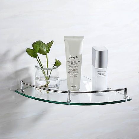 Étagère d'angle de salle de bain en verre trempé, étagère de douche en acier inoxydable avec poignée, finition chrome poli. (1/5)