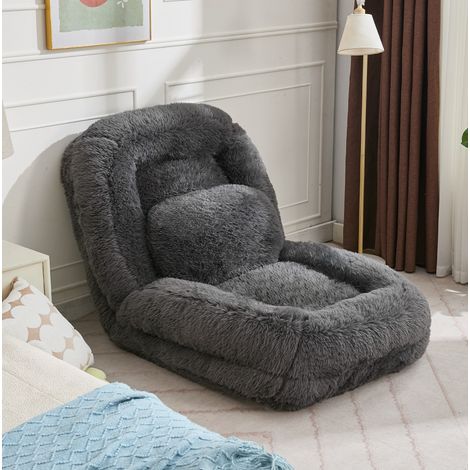 Poltrona da pavimento a 5 posizioni convertibile in letto, poliestere peluche grigio scuro DESVIAE (1/5)