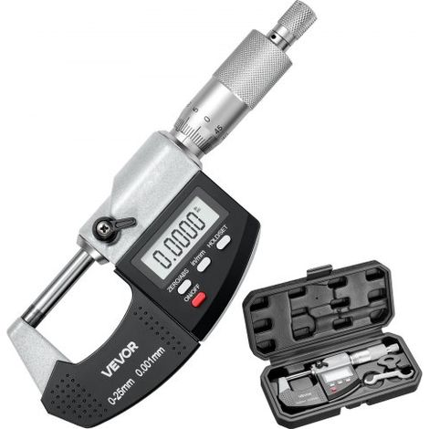 Mikrometer, Digitale Bügelmessschraube, Messbereich 0–25,4 mm, Auflösung 0,001 mm, Höchste Präzision 0,003 mm Genauigkeit, LCD-Display, Zoll/mm-Umschaltung, Hartmetallspitze, mit Koffer (1/5)