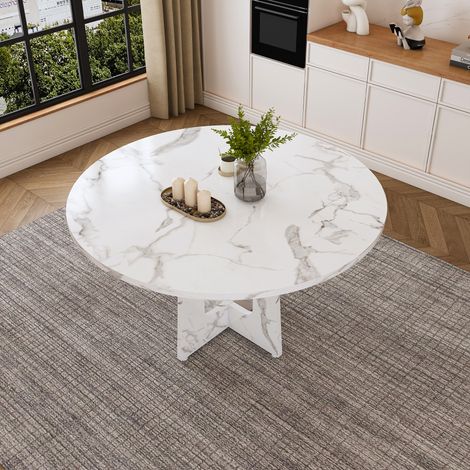Table de salle à manger ronde modulable de 120 cm de diamètre et 76 cm de hauteur, en MDF avec placage imitation marbre blanc, pouvant accueillir confortablement 4 personnes – idéale pour les salles à (1/4)