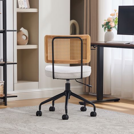 Chaise de bureau vintage en rotin avec roulettes - Fauteuil pivotant réglable, assise en tissu chenille, cadre en bois pour bureau, étude, salon (Ivoire) (1/5)