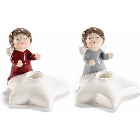 Portacandela di Natale con base stella in ceramica e decoro angioletto, set da 4 pezzi, cm 12 x 10 x 8,5 H
