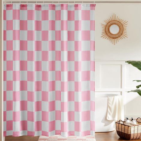 Rideau de douche 180x180 cm rose lavable motif à carreaux rétro (1/5)