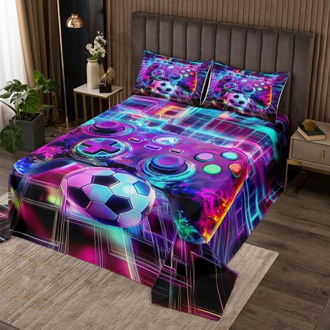 Console de Jeux Garçons Couvre-Lit 260x240,3D Néon Cube Console de Jeu Dessus de Lit Jeu Couverture Set Football Sports Ball Football Quilting,Décor de Chambre des Garçons Décor de Machine de Jeu - 26 (1/5)