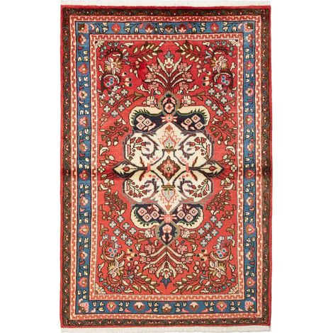 Tapis d'orient 110 x 166 cm, motif oriental, rouge, bleu et crème, pure laine nouée main, authentique (1/5)