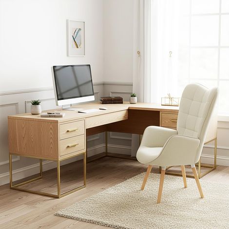 Meuble Cosy Chaise de Bureau Scandinave Ergonomique avec Accoudoirs, Siège de Travail Confortable en Tissu Rembourré, Beige (1/5)