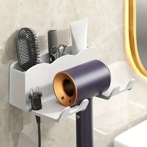 Support Mural Sèche Cheveux Blanc – Sans Perçage Salle de Bain – Accessoire Aménagement intérieur Pratique et Durable (1/4)