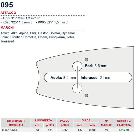 Barra motosega 33 cm - 13" passo .325" Spessore 1.5 mm - .058" attacco 095 - 451730