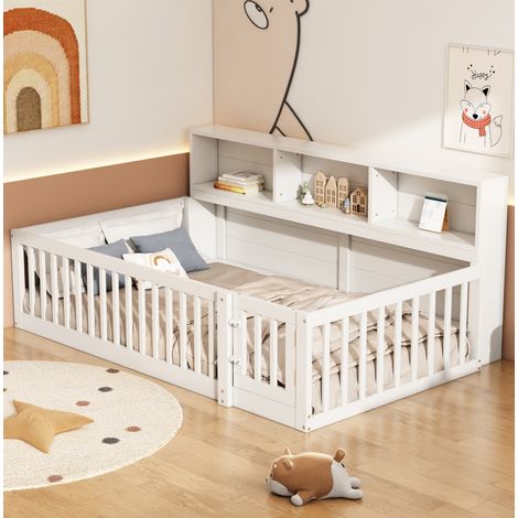 Letto 90x200 con sponde e ripiani in pino bianco OKMYHOME (1/5)
